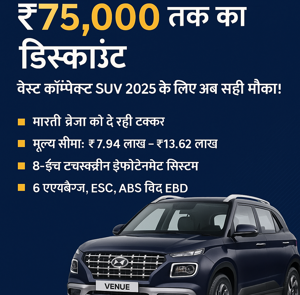 हुंडई वेन्यू पर मिल रहा है ₹75,000 तक का ऑफर – ब्रेजा को दे रही है कड़ी टक्कर | Best Compact SUV 2025 Hyundai Venue par mil raha hai ₹75,000 tak ka offer – Brezza ko de rahi hai kadi takkar | Best Compact SUV 2025